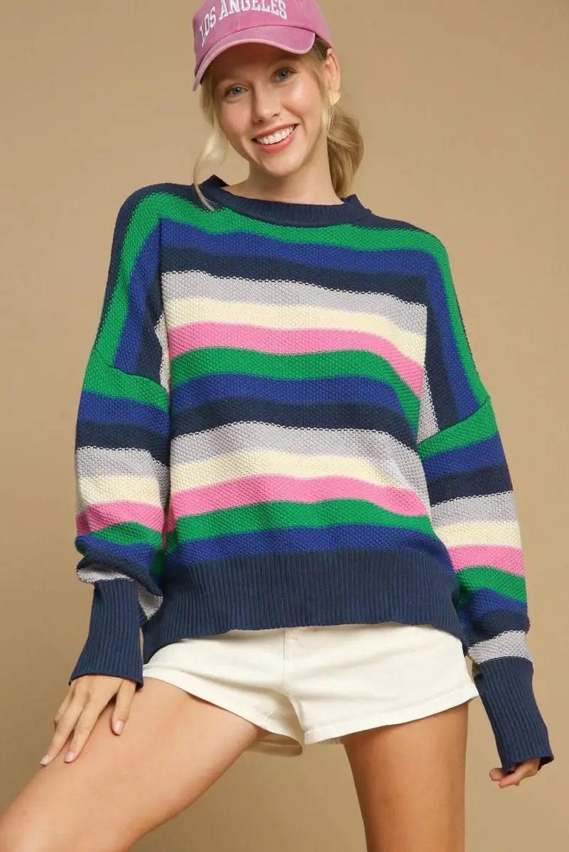 Vibrant Green Striped Drop Shoulder Crew Neck Sweater - Love Salve